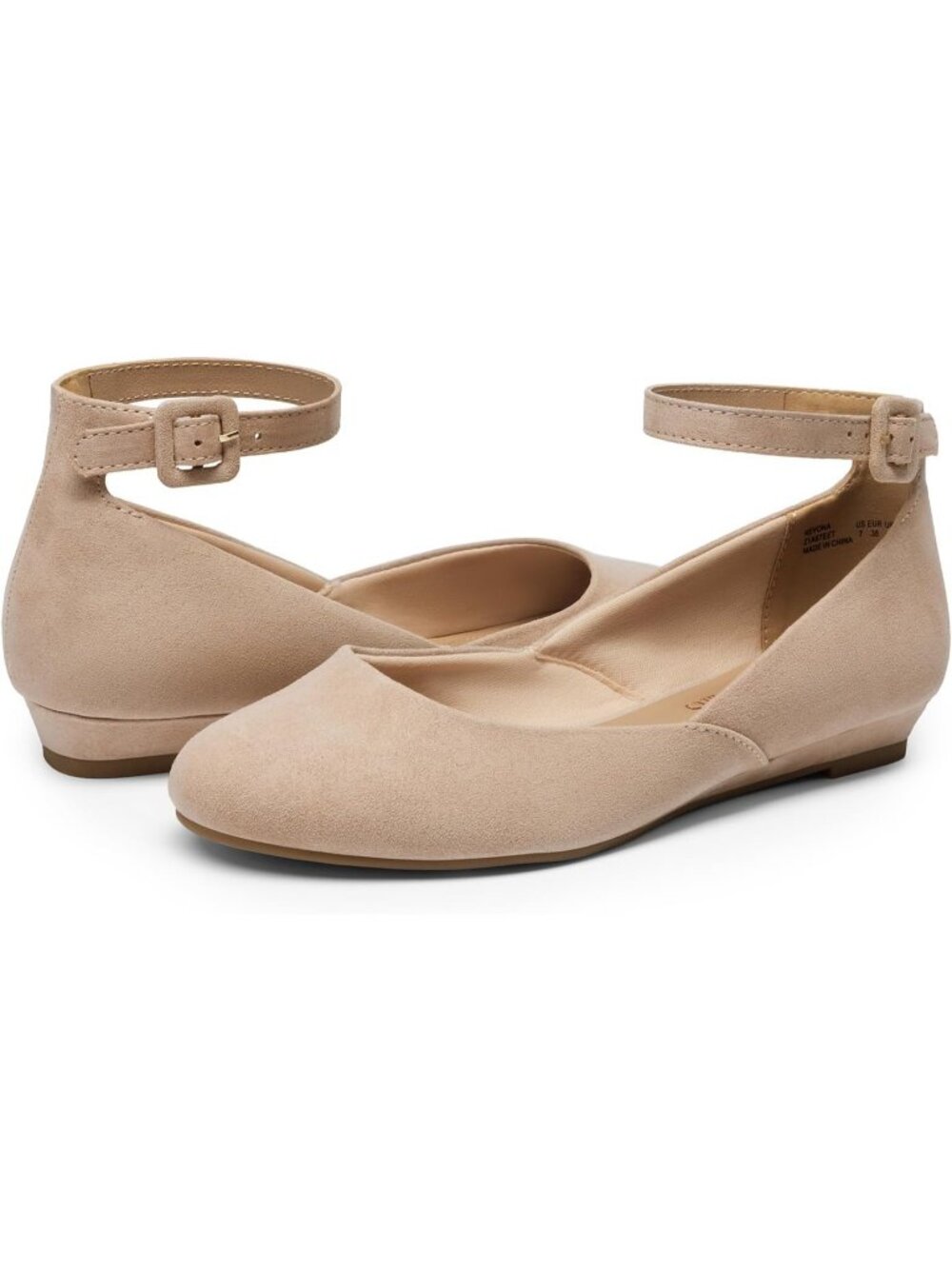 Women's Nude Suede Ankle Strap Ballet Flat Low Wedge Round Toe Comfortable Shoes - Picture 5 of 5